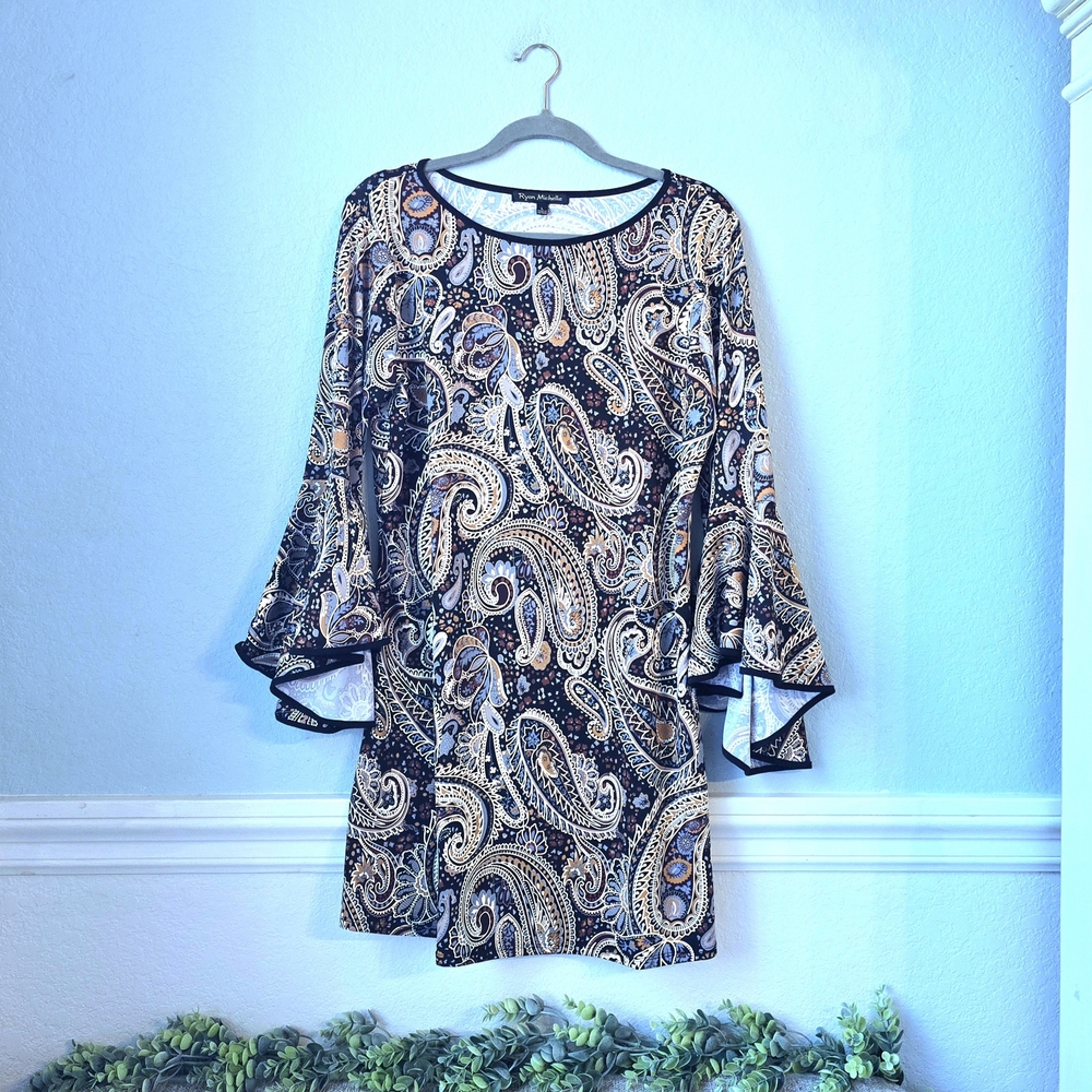 Ryan Michelle | Chic Paisley Bell Sleeve Dress In Shades Of Brown